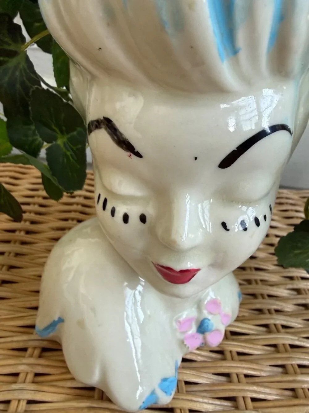 Vintage 1950s Glamour Girl Head Vase Planter With Ivy Faux Plant